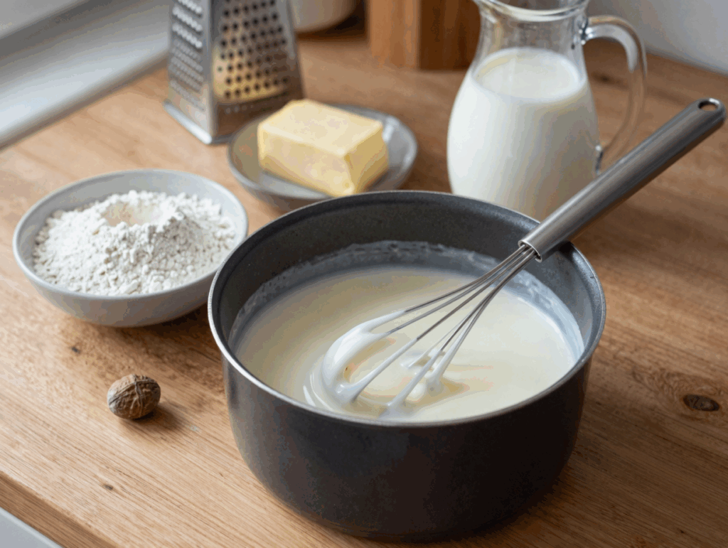 Helle Mehlschwitze mit Milch wird im Topf glatt gerührt