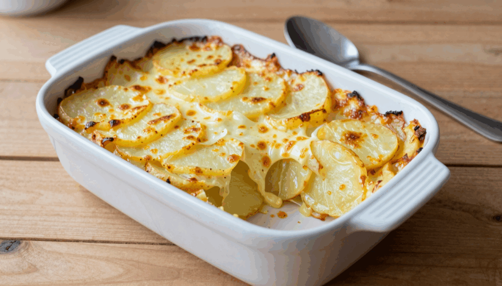 Goldbraun überbackenes Kartoffelgratin in der Auflaufform