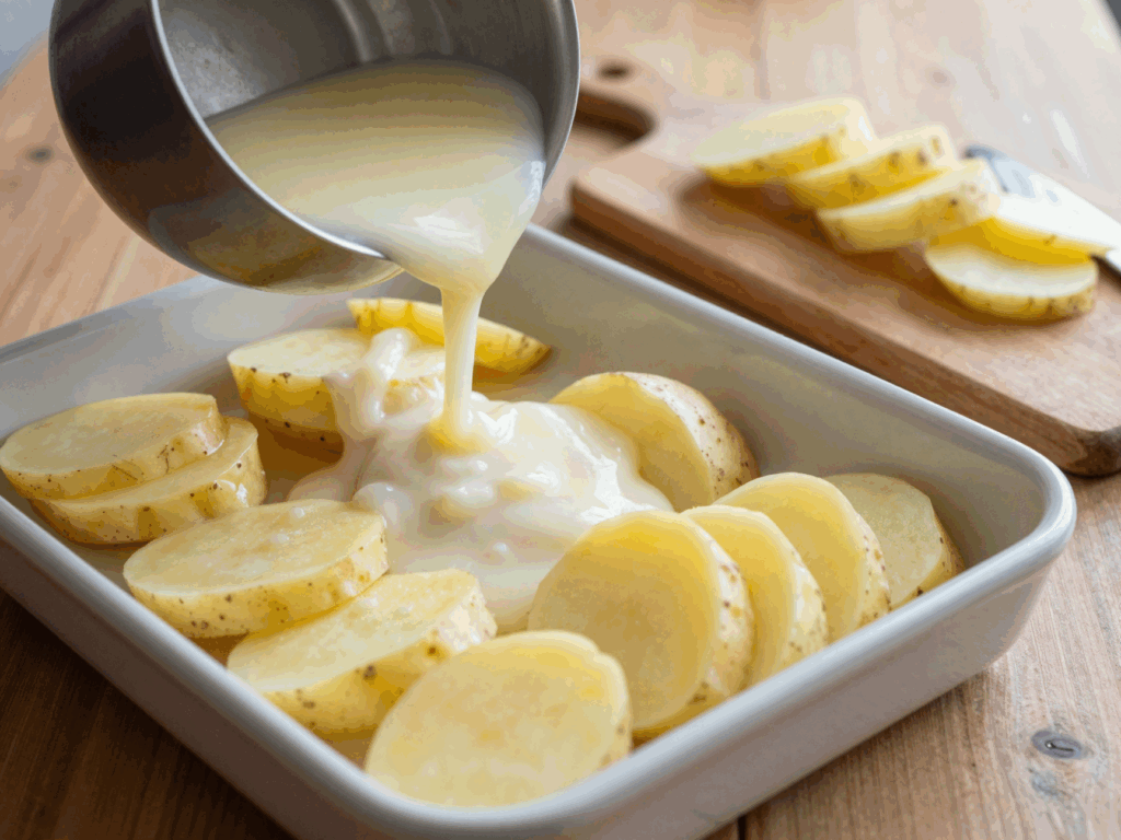 Dünne Kartoffelscheiben werden geschichtet und mit heller Sauce übergossen