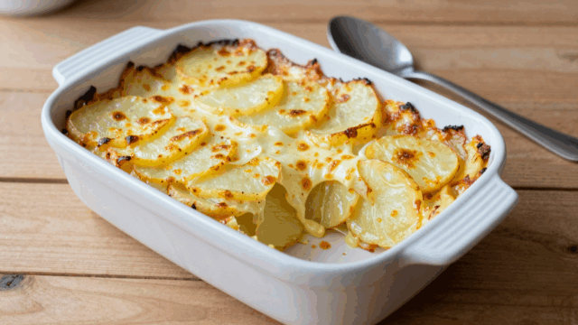 Goldbraun überbackenes Kartoffelgratin in der Auflaufform