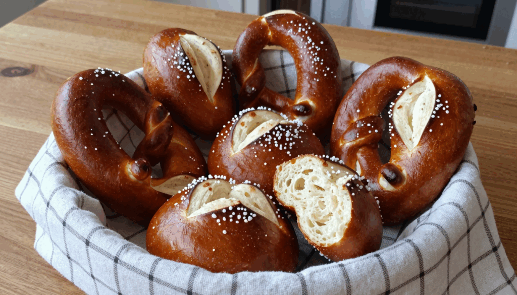 Korb mit frisch gebackenen Laugenbrötchen mit grobem Salz