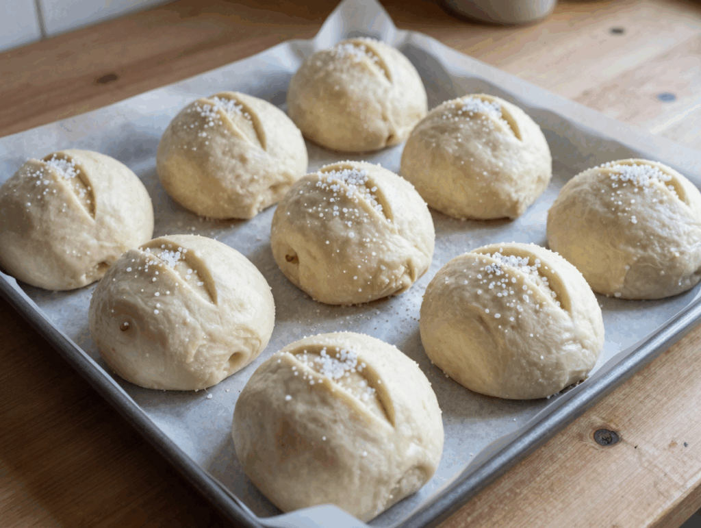 Eingeschnittene Teiglinge mit grobem Salz auf dem Backblech
