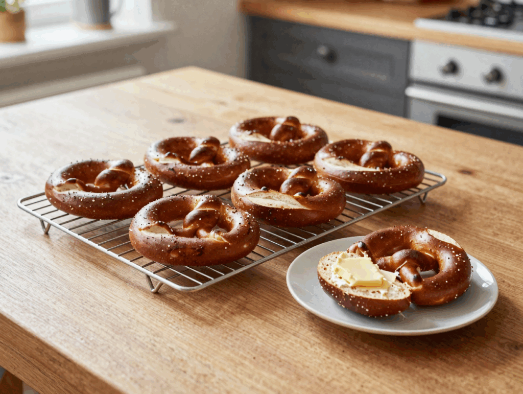 Laugenbrötchen kühlen auf dem Gitter, eines ist mit Butter bestrichen