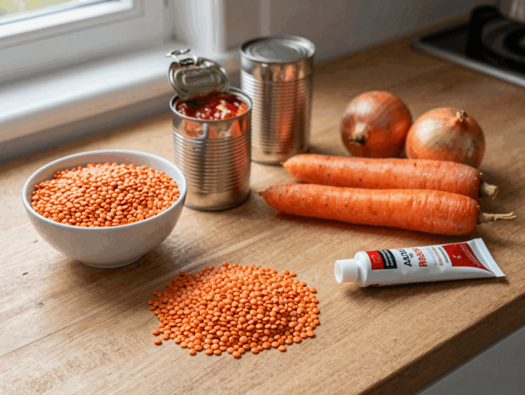Rote Linsen, Dosentomaten, Möhren und Zwiebel auf der Arbeitsplatte
