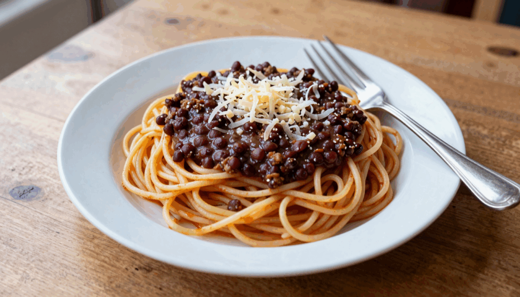 Teller Spaghetti mit Linsenbolognese, die aussieht wie Hackfleischsoße