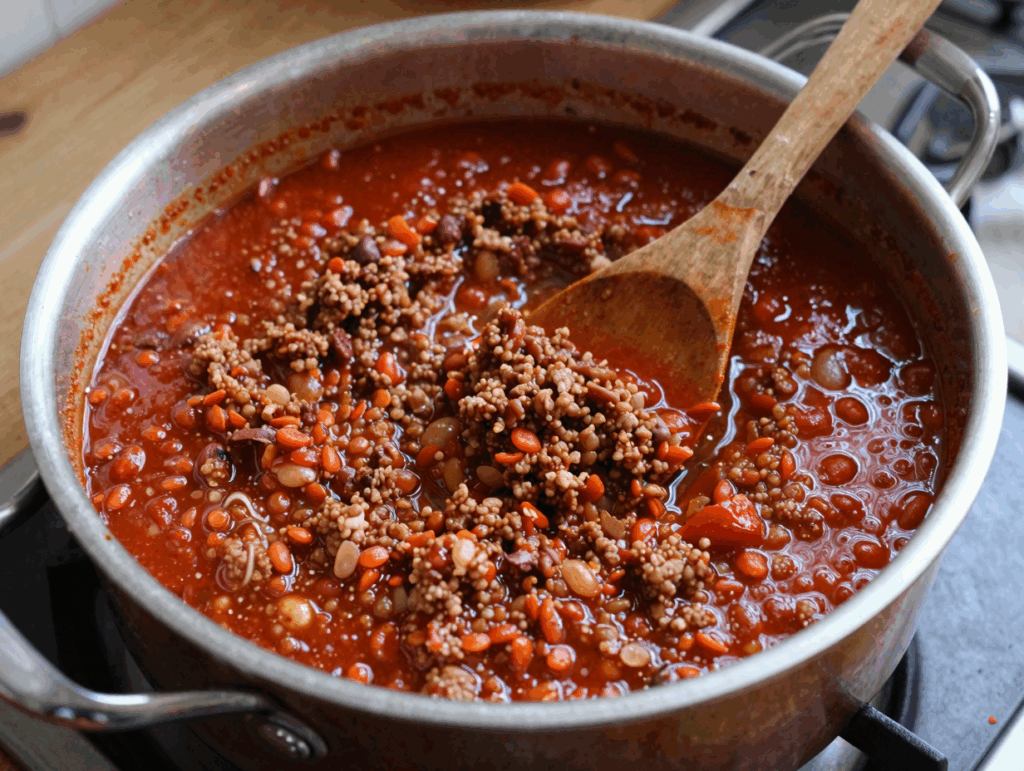 Fertige Linsenbolognese im Topf mit Holzlöffel