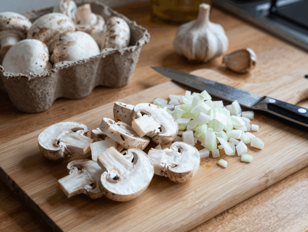 Geschnittene Champignons und gewürfelte Zwiebeln auf einem Holzbrett
