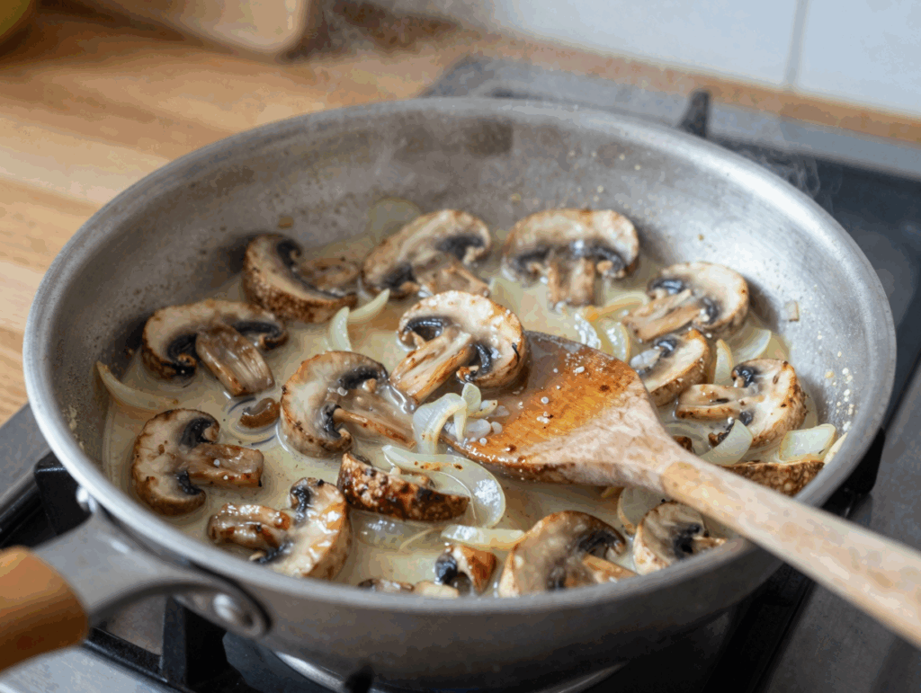 Champignons und Zwiebeln köcheln in heller Rahmsauce in der Pfanne