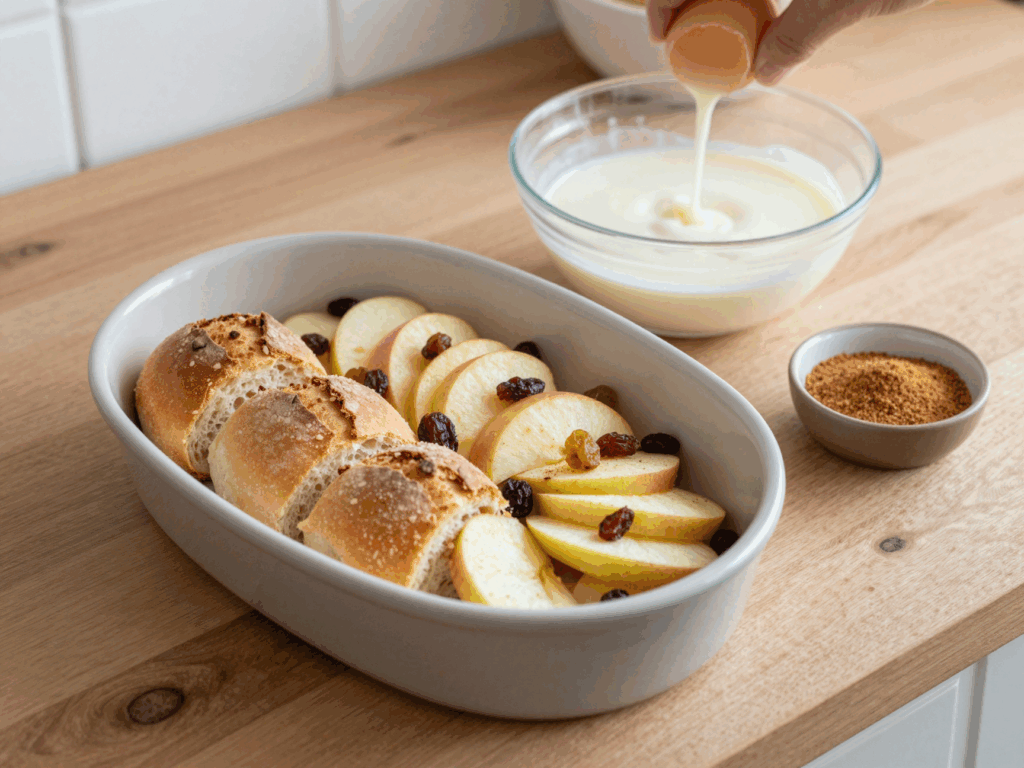 Auflaufform mit Brotscheiben, Apfelscheiben und Rosinen, darüber wird der Milch-Ei-Guss gegossen