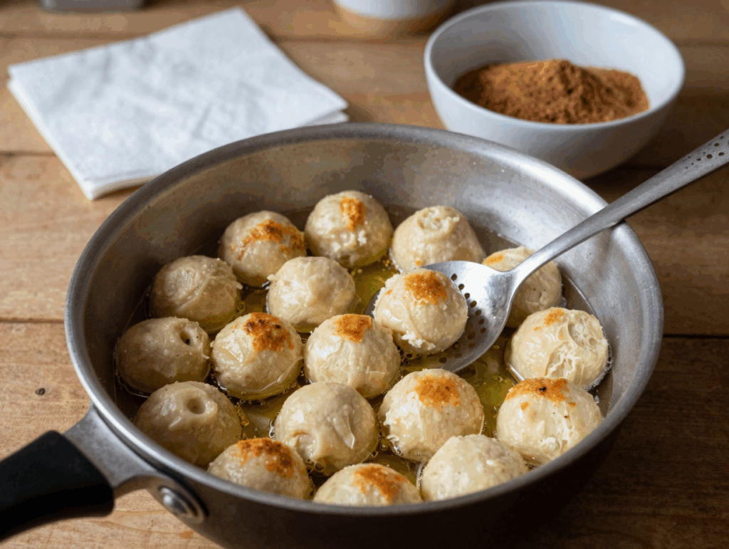 Quarkbällchen backen in heißem Öl im hohen Topf, daneben Küchenpapier und Zimtzucker