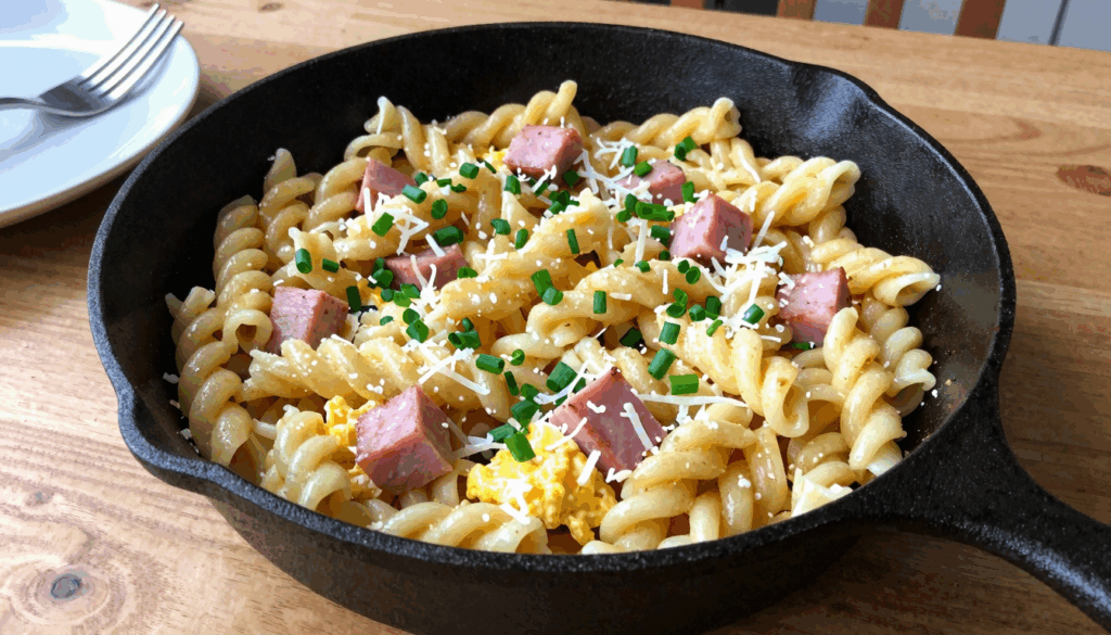 Schinkennudeln mit Ei und Schnittlauch in einer großen Pfanne auf dem Küchentisch
