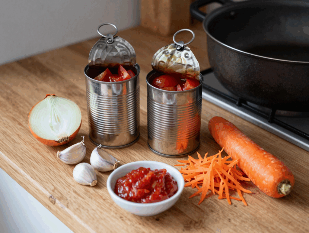 Dosentomaten, Zwiebel, Knoblauch, Möhre und Tomatenmark auf der Arbeitsplatte