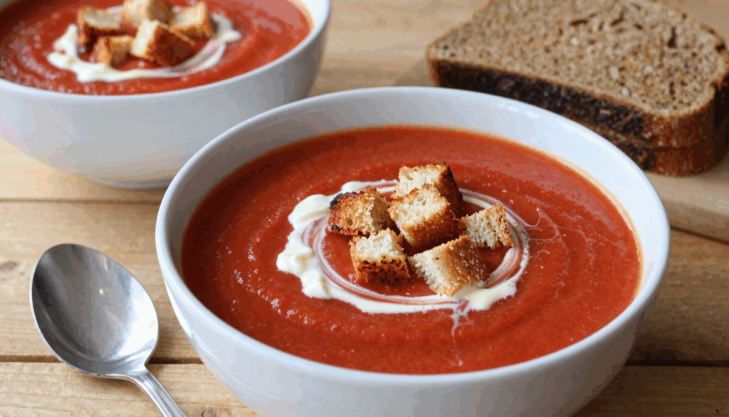 Teller cremige Tomatensuppe mit goldbraunen Röstbrotwürfeln