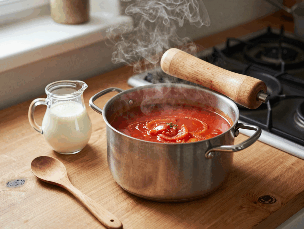 Tomatensuppe köchelt im hohen Topf vor dem Pürieren