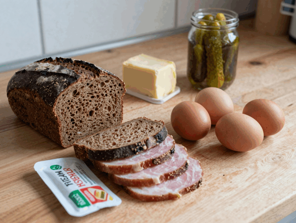 Mischbrot, Kochschinken, Eier, Butter und Gewürzgurken auf der Arbeitsplatte