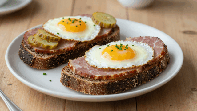 Strammer Max: Mischbrot mit Kochschinken und Spiegelei auf dem Teller
