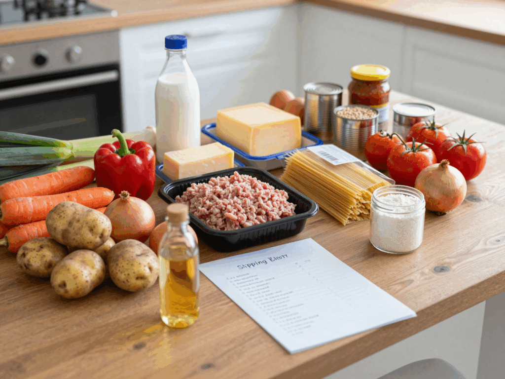 Der komplette Wocheneinkauf für sieben Abendessen, nach Bereichen sortiert auf der Arbeitsplatte