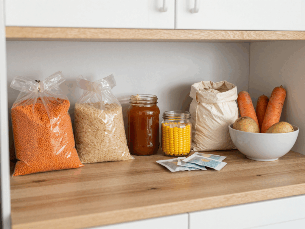 Reste nach der Woche: angebrochene Packungen Linsen, Reis, Mehl, Hefe, Apfelmus und Mais im Schrank