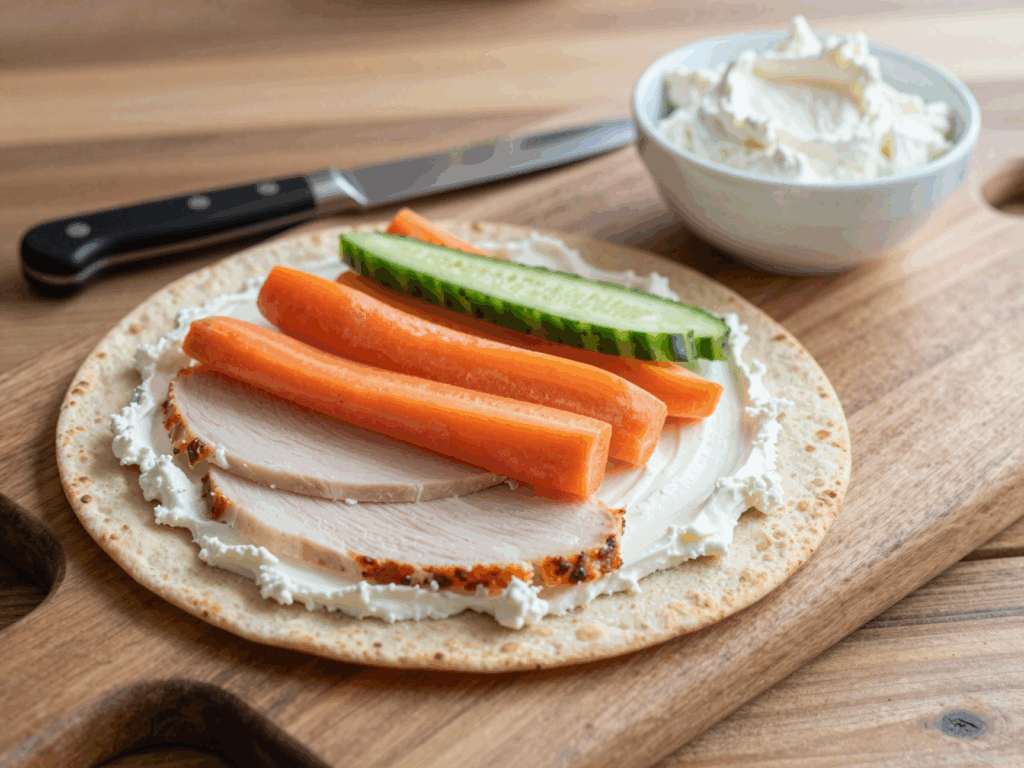 Aufgeklappte Tortilla mit Frischkäse, Aufschnitt und Gemüsestiften vor dem Rollen