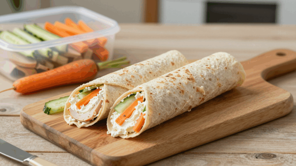 Halbierte Wraps mit Frischkäse, Möhrenstiften und Gurke auf einem Holzbrett
