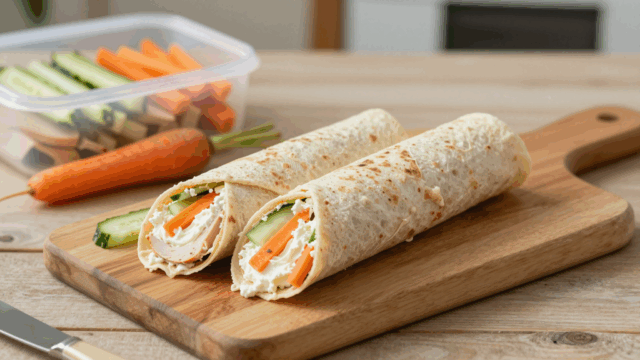 Halbierte Wraps mit Frischkäse, Möhrenstiften und Gurke auf einem Holzbrett