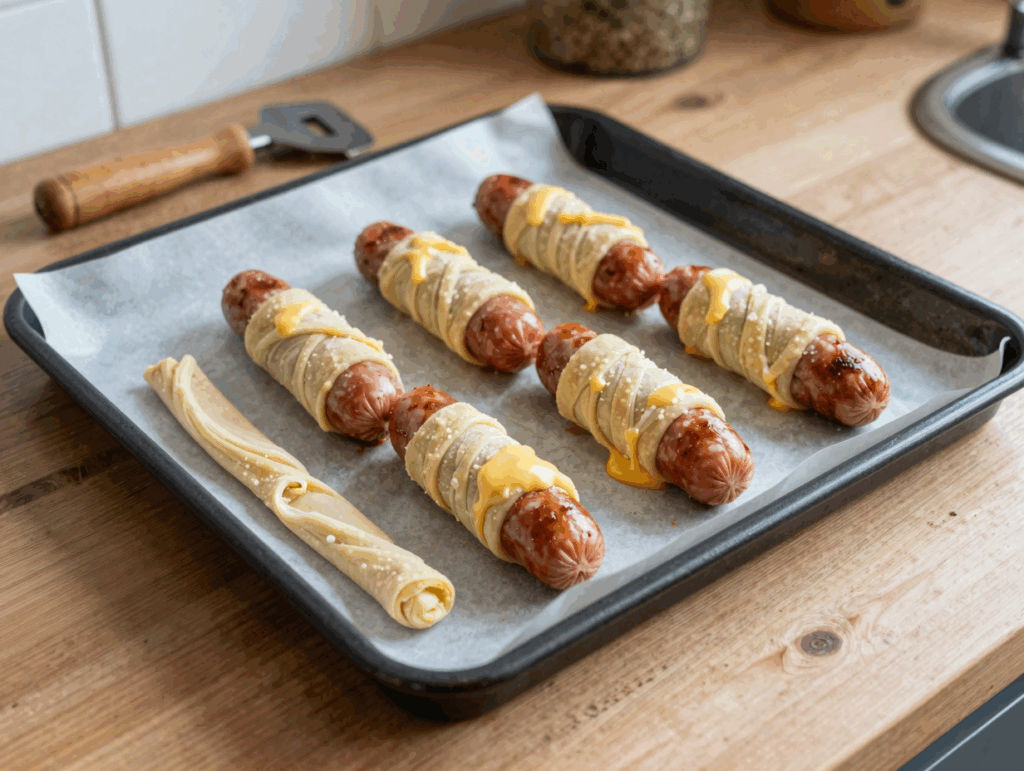 Rohe Würstchen mit Blätterteigstreifen umwickelt auf dem Backblech