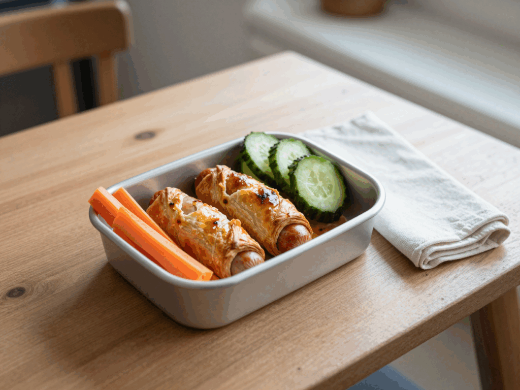 Zwei Würstchen im Schlafrock mit Möhrenstiften und Gurke in der Brotdose