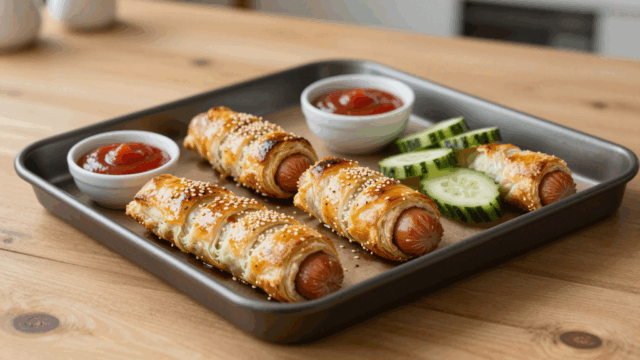 Goldbraune Würstchen im Schlafrock mit Sesam auf dem Blech, daneben Ketchup und Gurkenscheiben