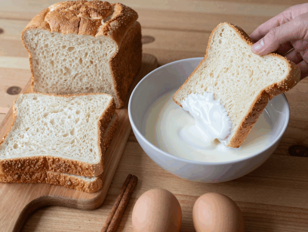 Altbackene Brotscheiben werden in die Milch-Ei-Mischung getunkt