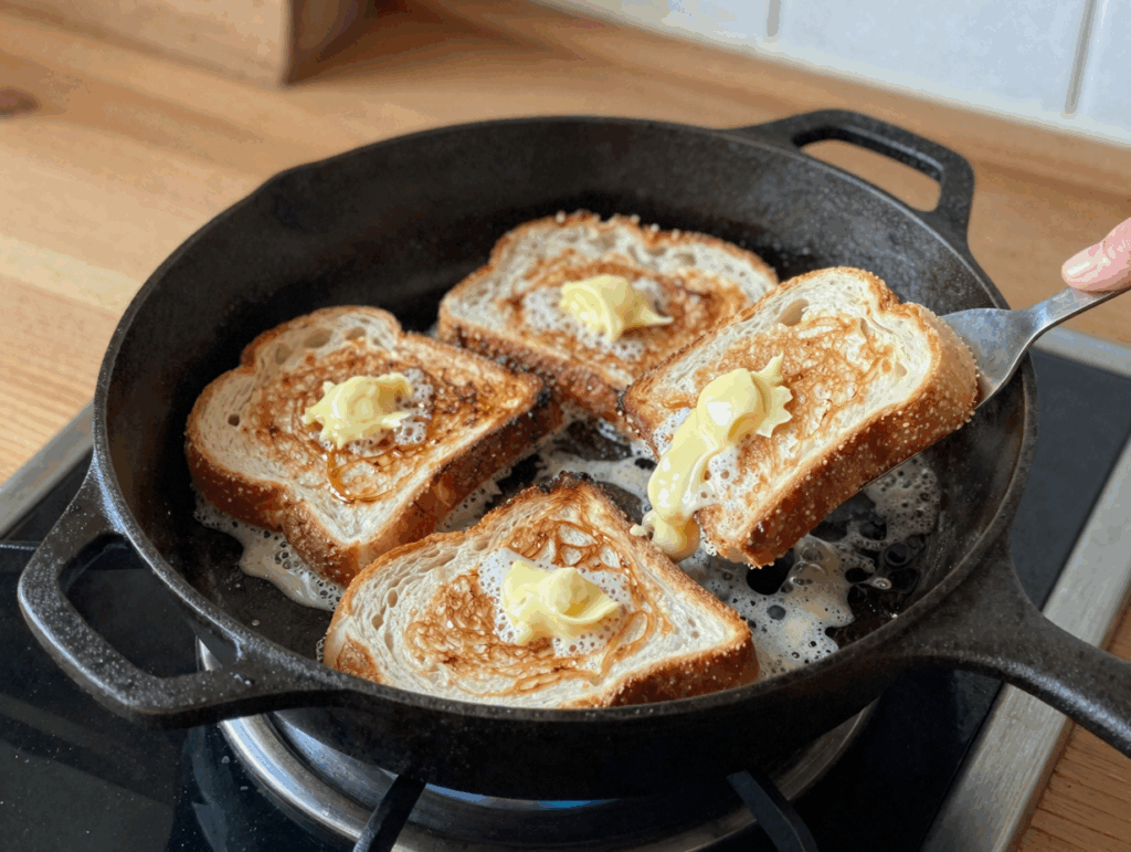 Vier Scheiben braten in der Eisenpfanne in schäumender Butter goldbraun