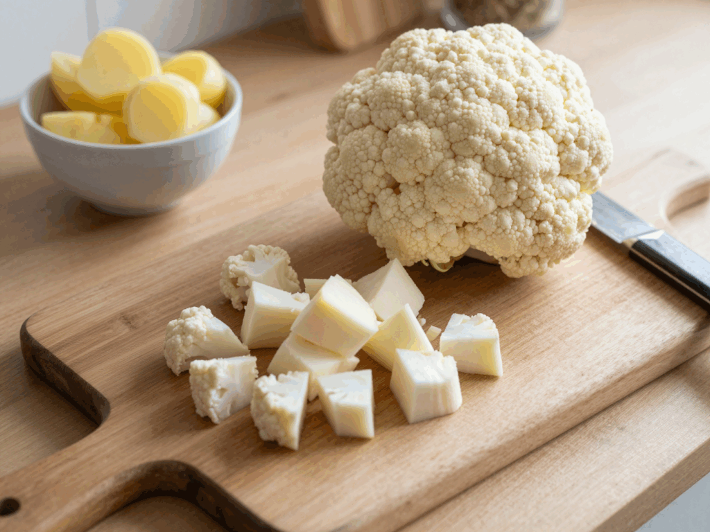 Blumenkohlröschen, gewürfelter Strunk und Kartoffelscheiben auf einem Holzbrett