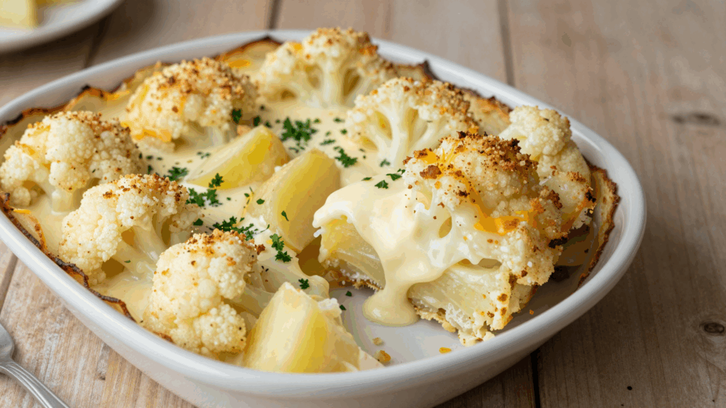 Überbackener Blumenkohl mit Kartoffelscheiben unter goldbrauner Käse-Bröselkruste in der Auflaufform