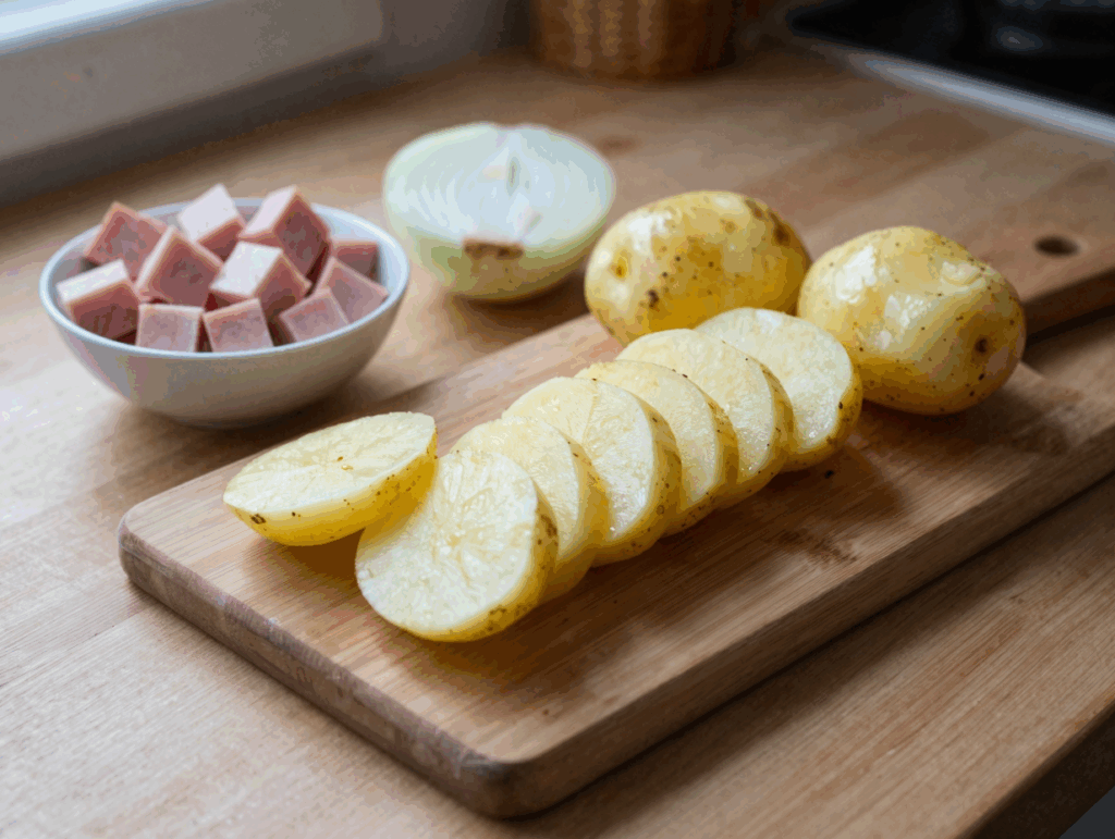 Kalte Pellkartoffeln vom Vortag werden in Scheiben geschnitten, daneben Schinkenwürfel und Zwiebeln