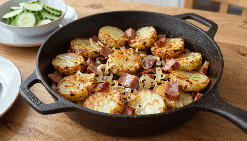 Knusprige Bratkartoffeln mit Schinkenwürfeln und Zwiebeln in der Eisenpfanne