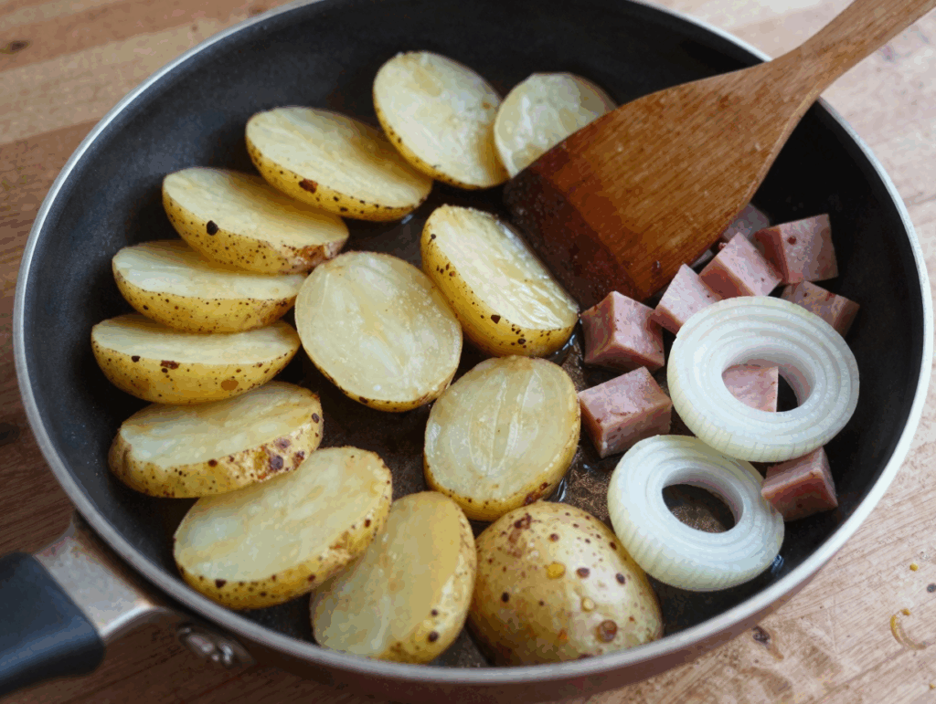 Kartoffelscheiben liegen in einer Schicht in der heißen Pfanne und werden goldbraun