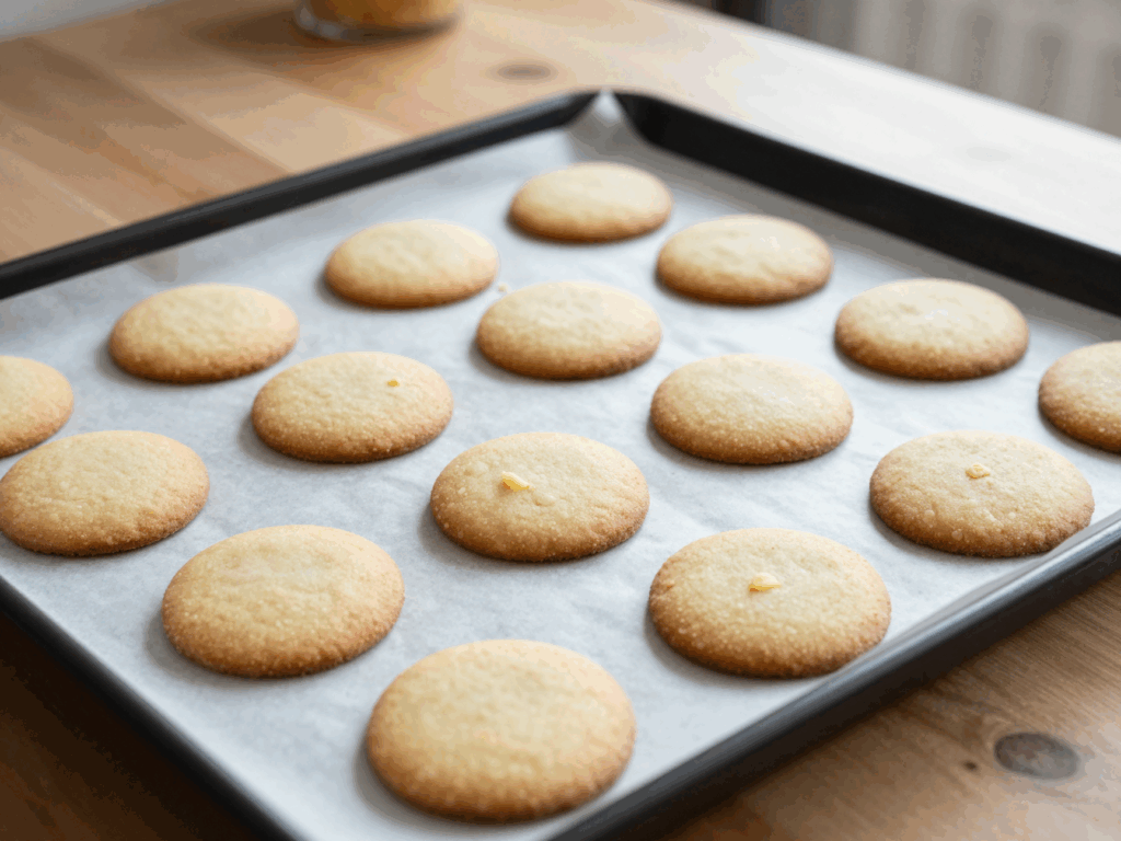 Frisch gebackene Butterplätzchen kühlen auf dem Blech aus
