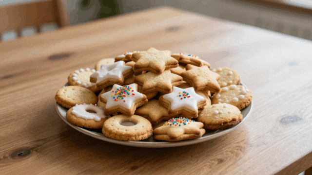 Ausgestochene Butterplätzchen mit Zuckerguss und bunten Streuseln auf einem Teller
