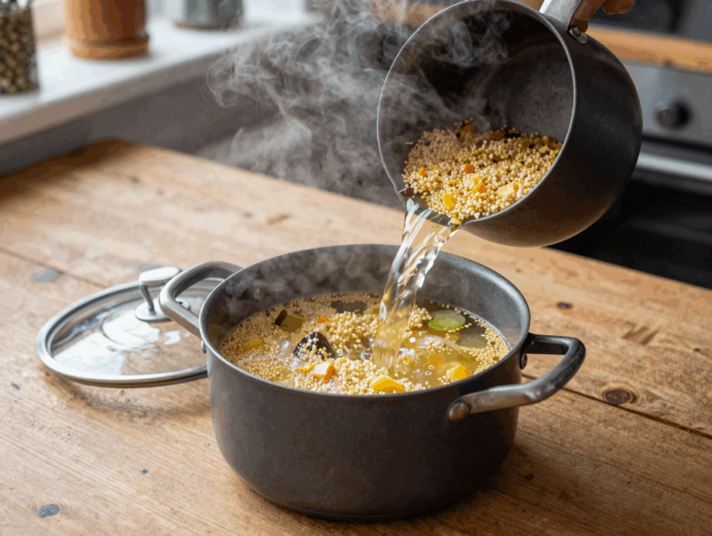 Kochende Brühe wird über den trockenen Couscous gegossen
