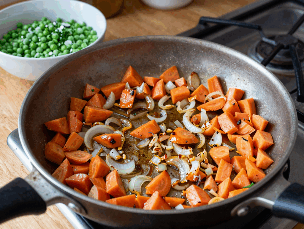 Möhrenwürfel und Zwiebeln braten mit dunklen Rändern in der Pfanne