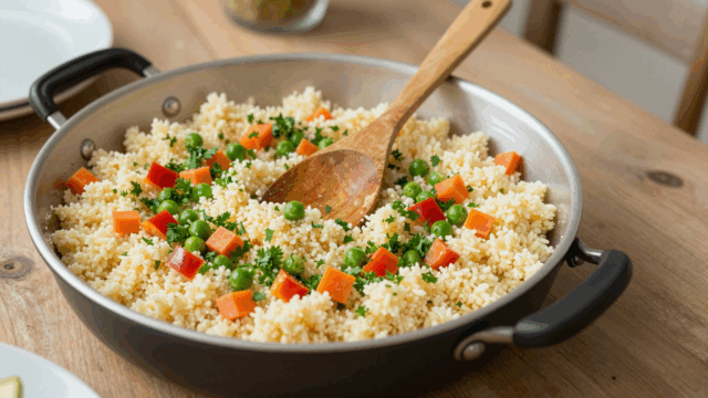 Große Pfanne mit Couscous, Möhrenwürfeln, Erbsen und Petersilie