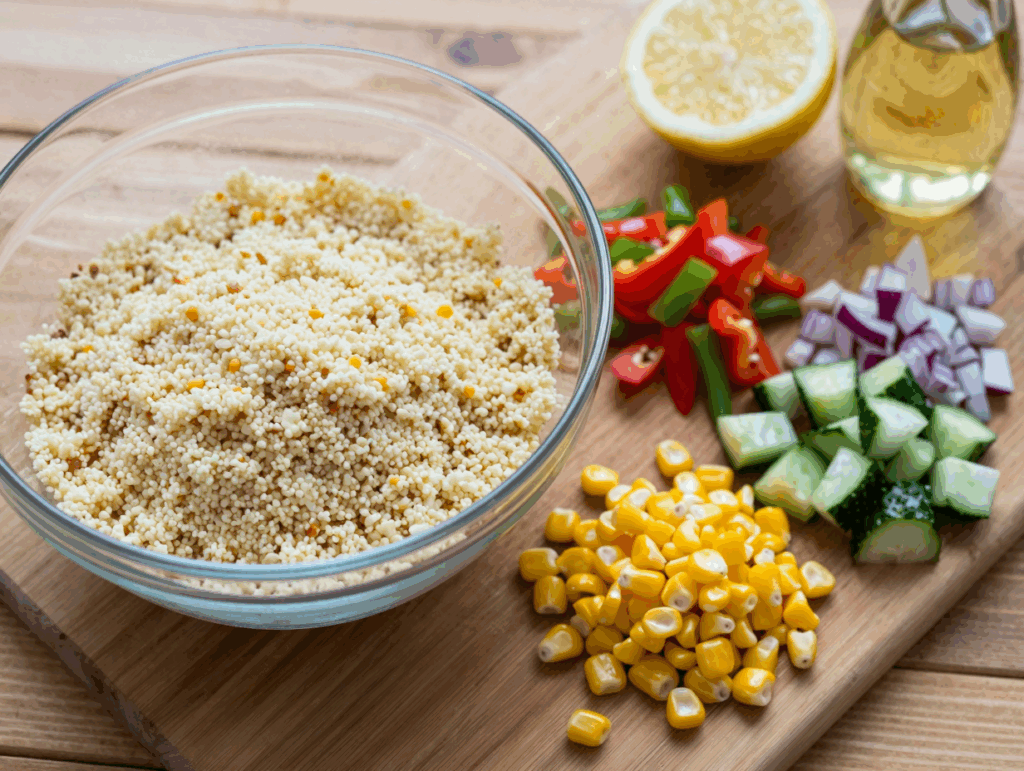Aufgelockerter Couscous in der Schüssel, daneben gewürfelte Paprika, Gurke, Zwiebel und abgetropfter Mais