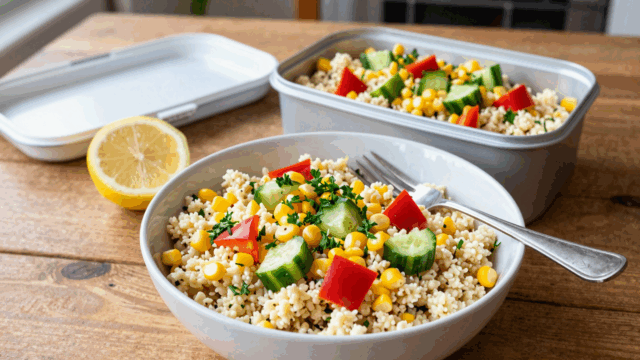 Schüssel Couscous-Salat mit Mais, Paprikawürfeln und Gurke, daneben eine gefüllte Brotdose