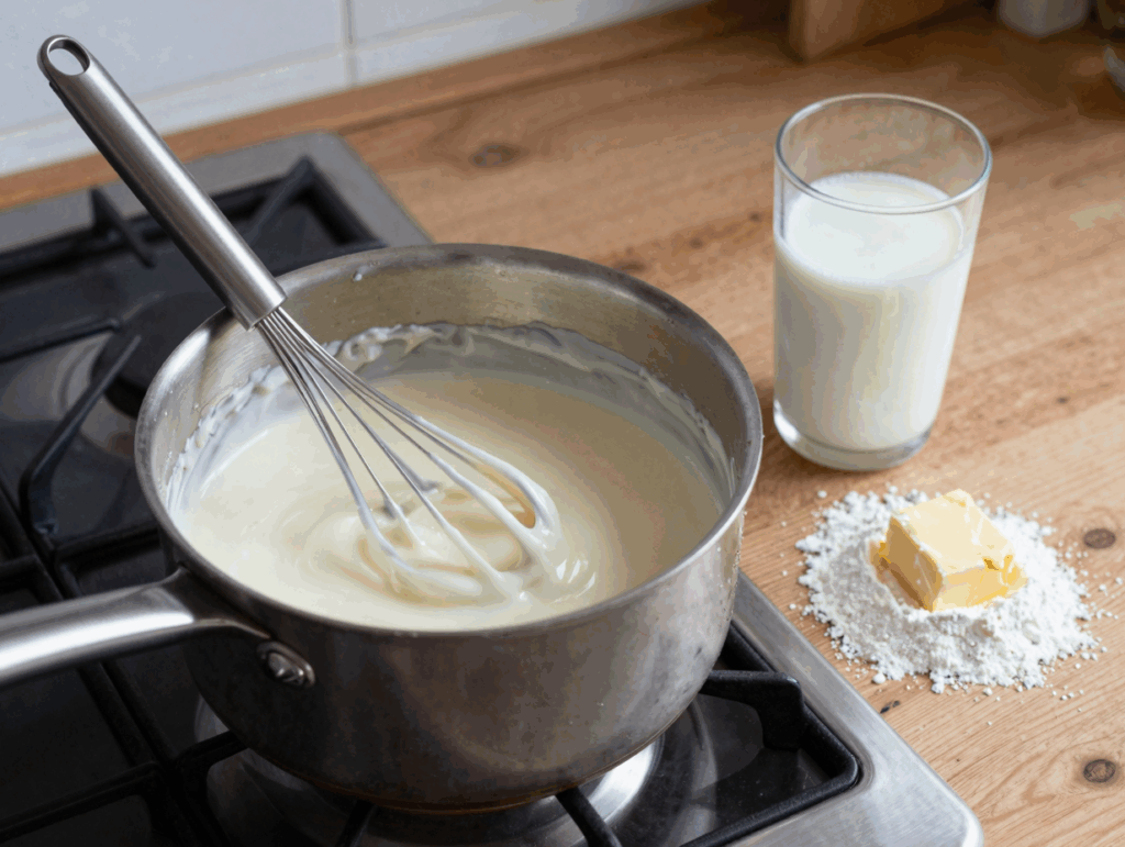 Béchamelsoße wird im Topf mit dem Schneebesen glatt gerührt