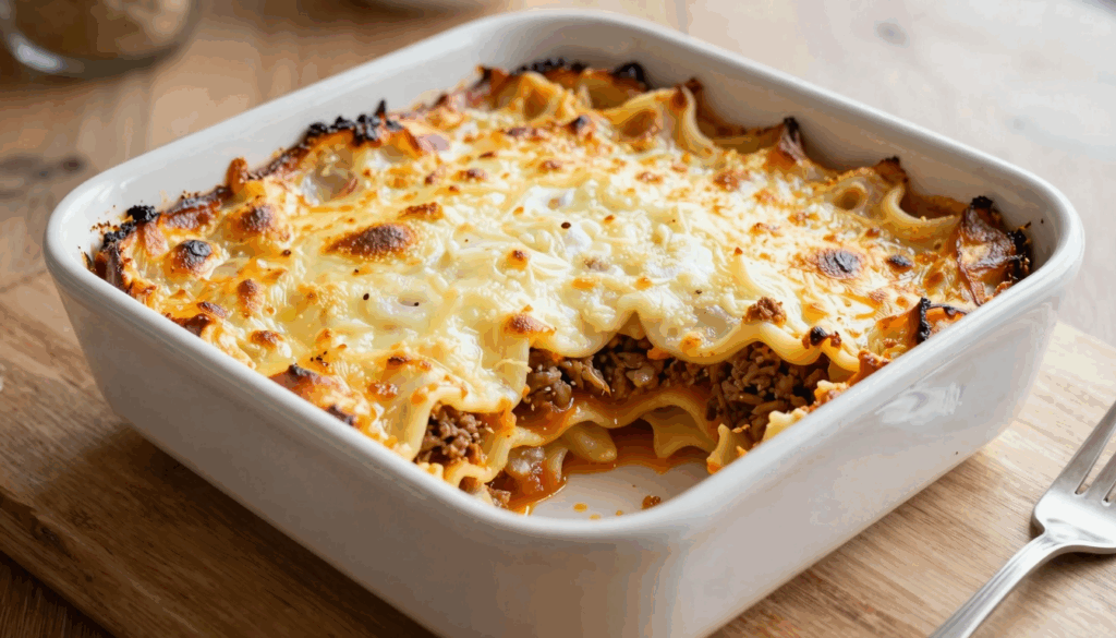 Lasagne mit goldbrauner Käsekruste in der Auflaufform, ein Stück herausgenommen