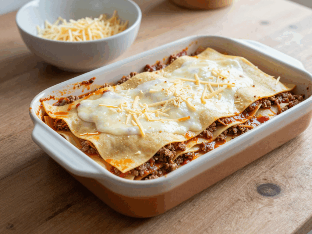 Lasagne wird in der Auflaufform geschichtet