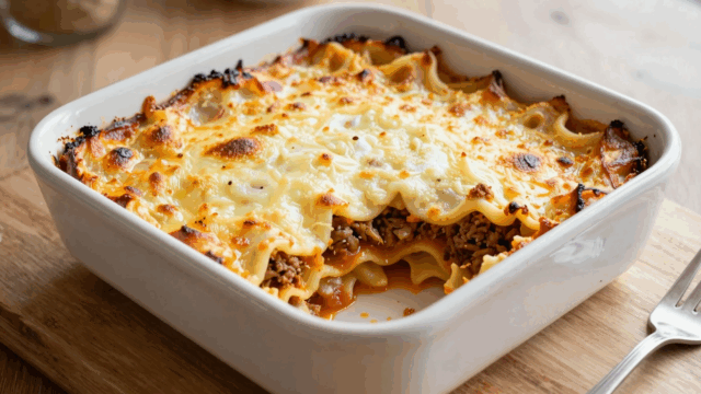 Lasagne mit goldbrauner Käsekruste in der Auflaufform, ein Stück herausgenommen