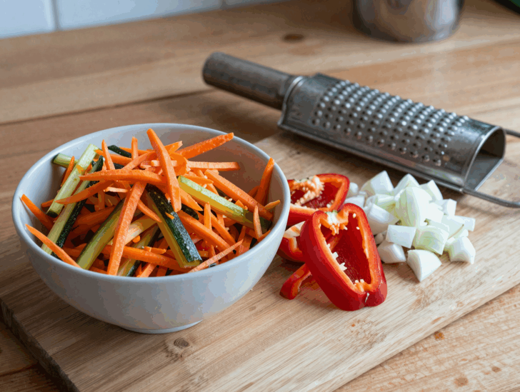 Geraspelte Möhre, Sellerie und Zucchini neben gewürfelter Paprika und Zwiebel
