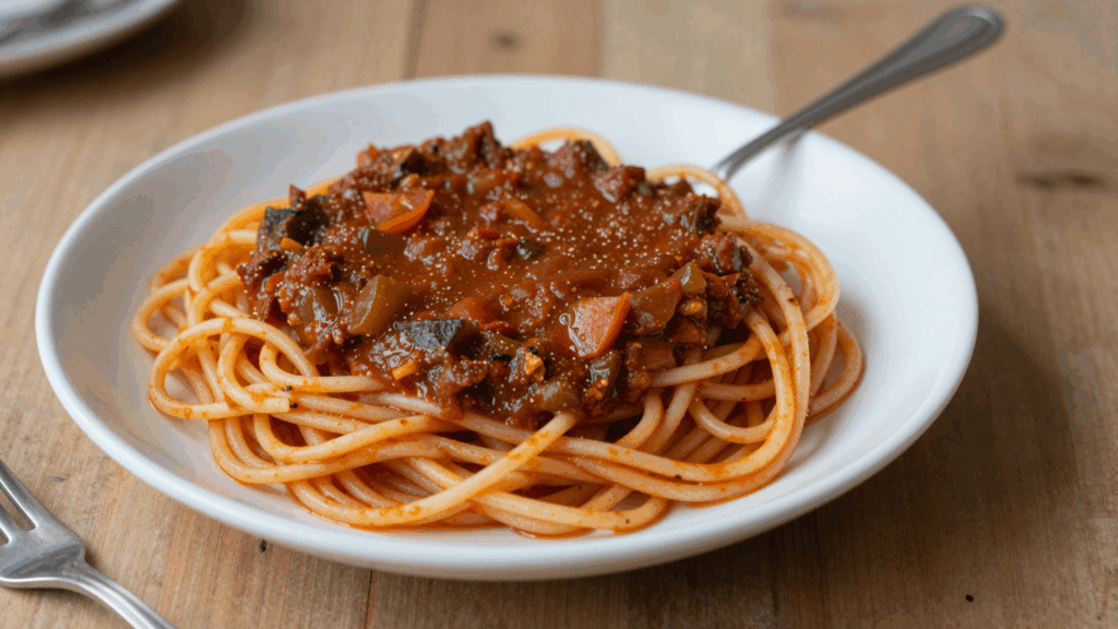 Teller Spaghetti mit dicker Gemüse-Bolognese