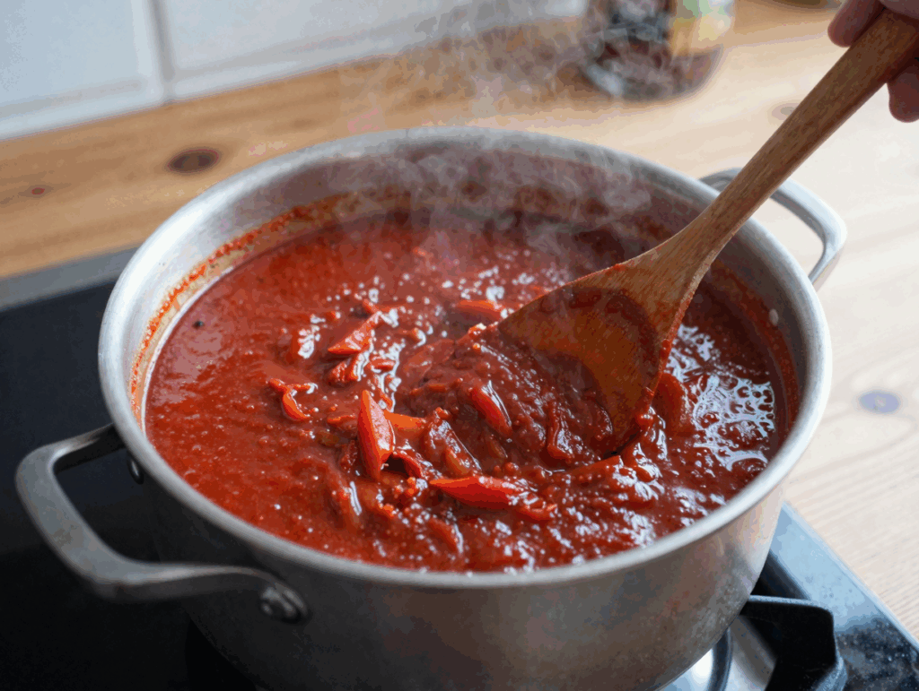 Dicke Gemüse-Bolognese im großen Topf mit Holzlöffel