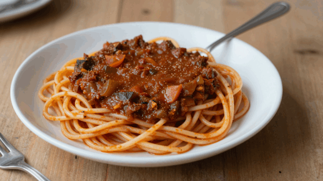 Teller Spaghetti mit dicker Gemüse-Bolognese